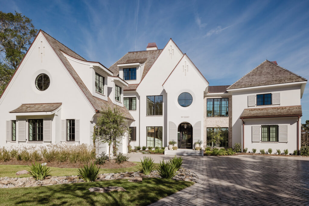 La Paloma, a French Country-inspired home located in the Landfall community of Wilmington, NC, viewed from the exterior.