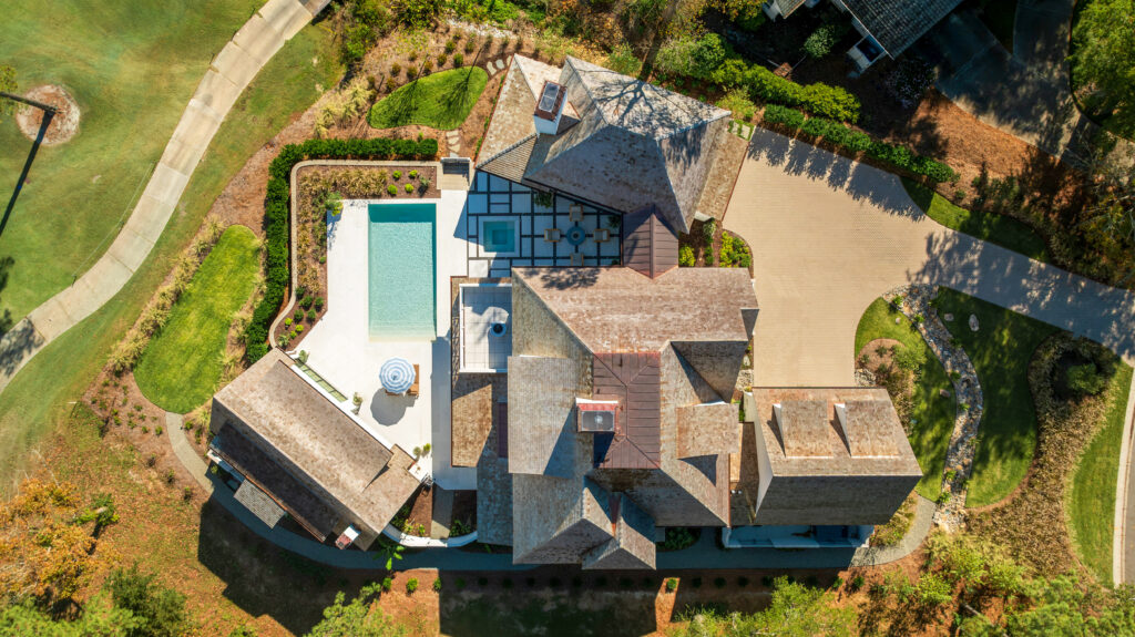 Bird's eye view of La Paloma, a French Country-inspired home in the coastal community of Landfall in Wilmington, NC.