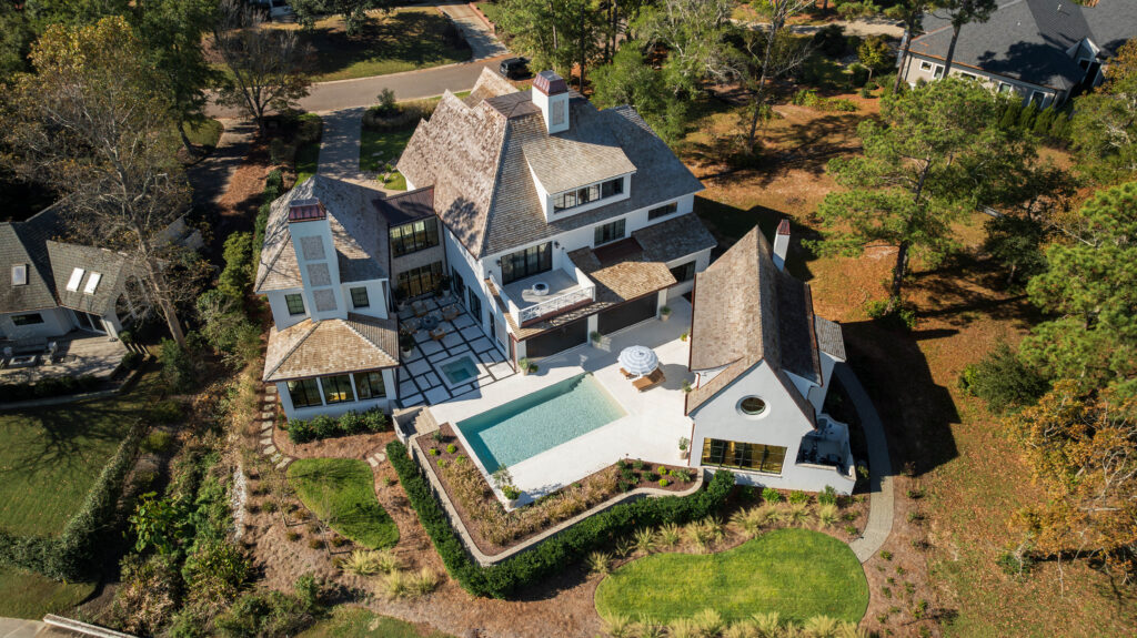 Aerial view of La Paloma, a custom French Country-inspired home in the coastal community of Landfall in Wilmington, NC.